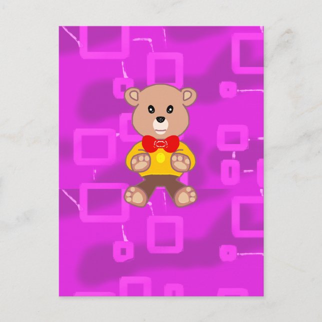 Postal Cute Bowtie Teddy Bear Geométrico Rosa (Anverso)