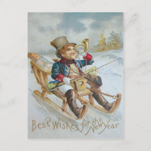 Postal Cute Boy Sled Snow Horn Presenta