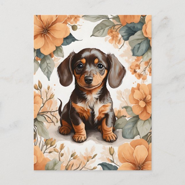 Postal Cute Brown Dachshund Puppy Peach Floral (Anverso)