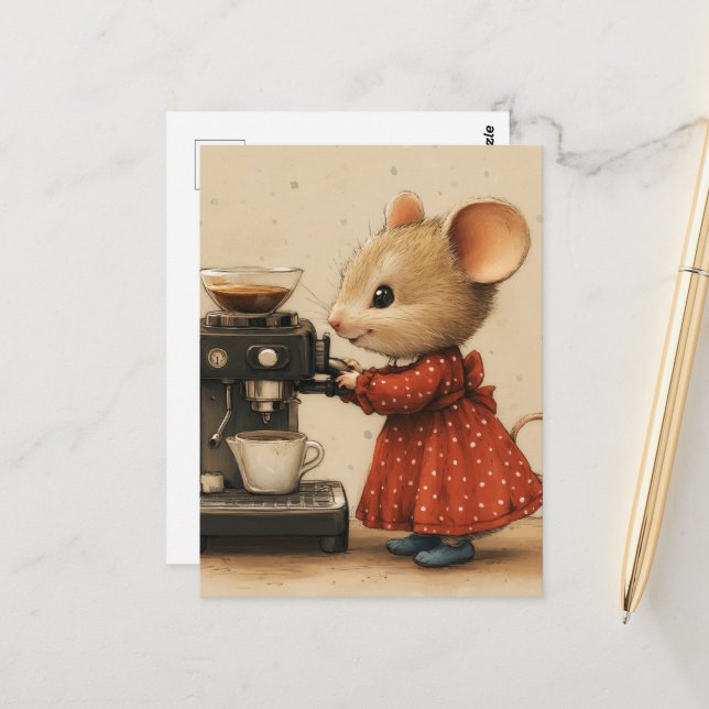 Postal Cute Brown Mouse Makes Coffee (Anverso/Reverso In Situ)