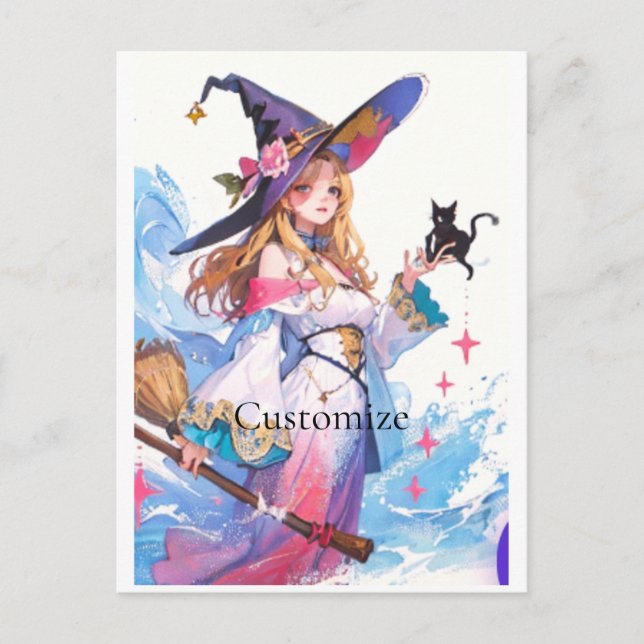 Postal Cute bruja sujetando el gato negro Thunder_Cove (Anverso)
