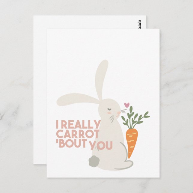 Postal Cute Bunny Carrot Pun - De Verdad Te Arrepito (Anverso / Reverso)