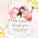 Postal Cute Bunting Flag Birthday Photo Thank you<br><div class="desc">Cute bunting flag birthday photo thank you postcard. Thank your guest for coming to your child`s birthday party! The design has colorful birthday party bunting flags and a photo - insert your photo into the template. The text is the trendy script - change the thank you message if you want...</div>