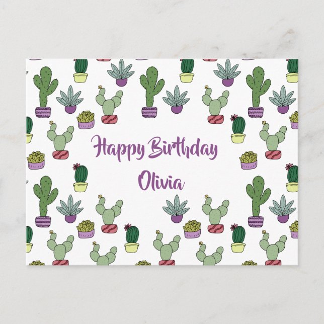 Postal Cute Cactus Suculentas Plantas Potadas Feliz Cumpl (Anverso)