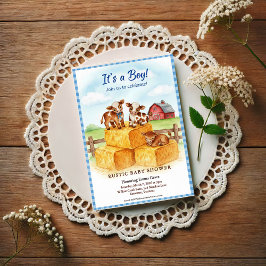 Postal Cute Calf Baby Shower Gingham Hay Invitation