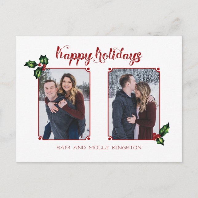 Postal Cute caligrafía Font Happy Holidays Two-Photo (Anverso)