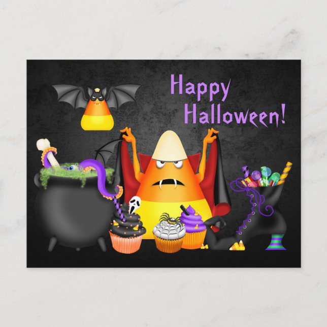 Postal Cute Candy Corn Spooky trata Halloween Feliz (Anverso)