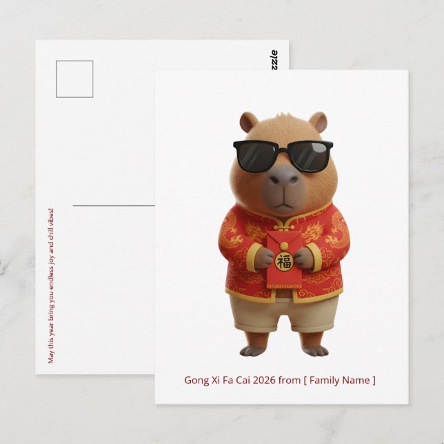 Postal Cute Capybara Año Nuevo Lunar 2026 Familia Persona (Anverso / Reverso)