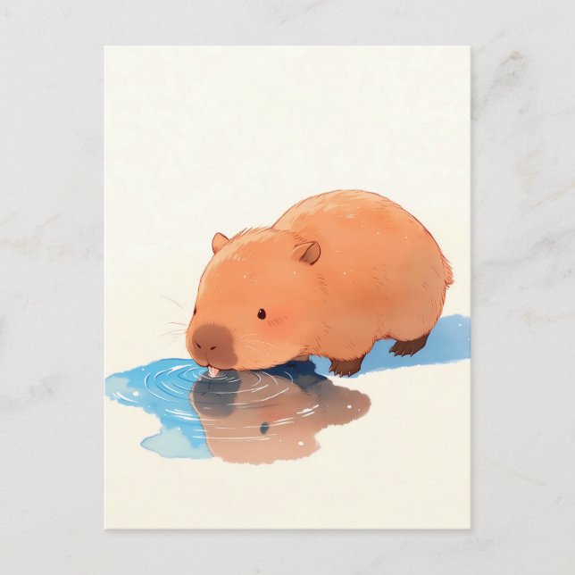 Postal Cute Capybara Drinking from Blue Puddle (Anverso)