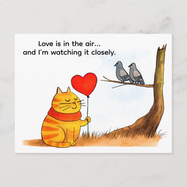 Postal Cute Cartoon Cat Holding Heart Balloon Illustratio (Anverso)
