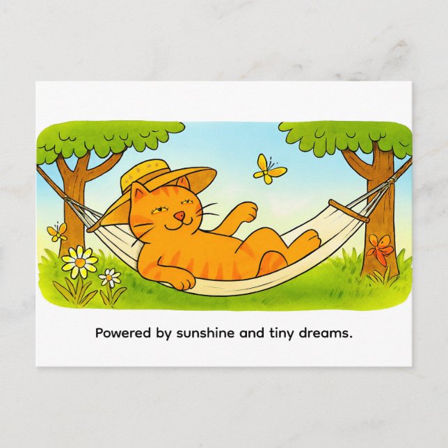 Postal Cute Cartoon Cat Relaxing in Garden Hammock (Anverso)