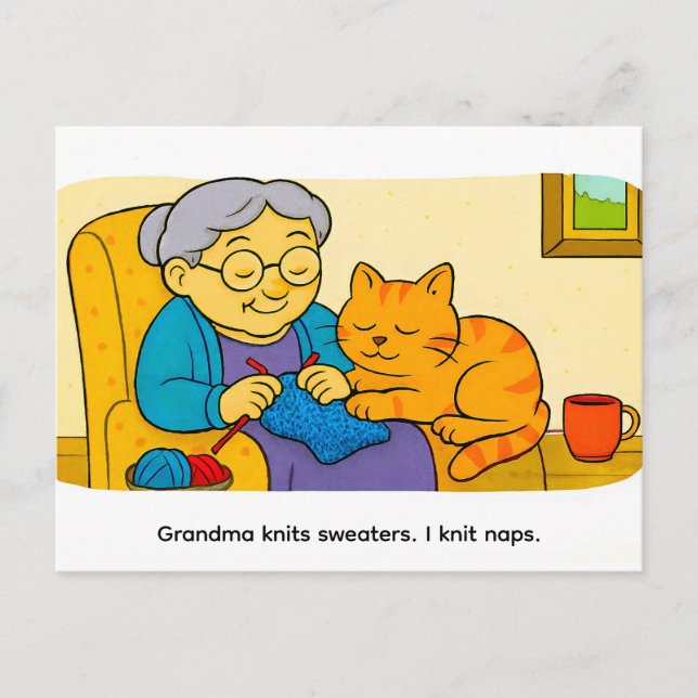 Postal Cute Cartoon Cat Resting on Knitting Grandma (Anverso)