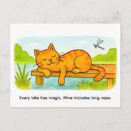 Postal Cute Cartoon Cat Resting on Wooden Dock