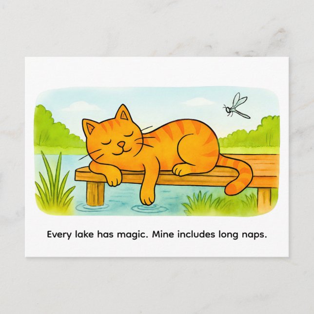 Postal Cute Cartoon Cat Resting on Wooden Dock (Anverso)