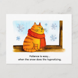 Postal Cute Cartoon Cat Sitting at Snowy Window