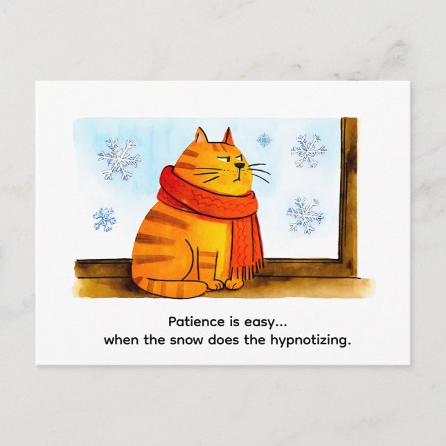 Postal Cute Cartoon Cat Sitting at Snowy Window (Anverso)