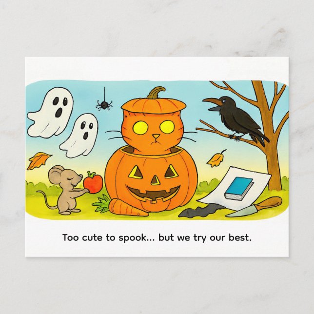 Postal Cute Cartoon Cat Sitting in Pumpkin Costume (Anverso)
