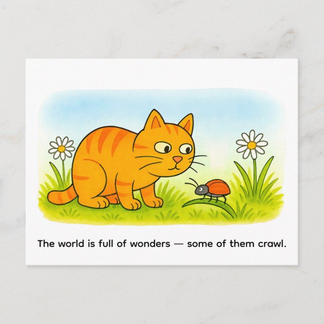 Postal Cute Cartoon Cat Watching Ladybug in Meadow (Anverso)