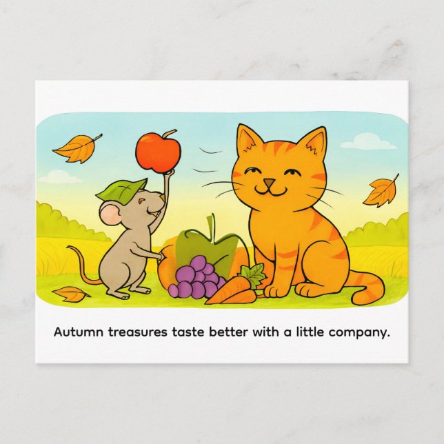 Postal Cute Cartoon Cat With Mouse and Heart Balloon (Anverso)