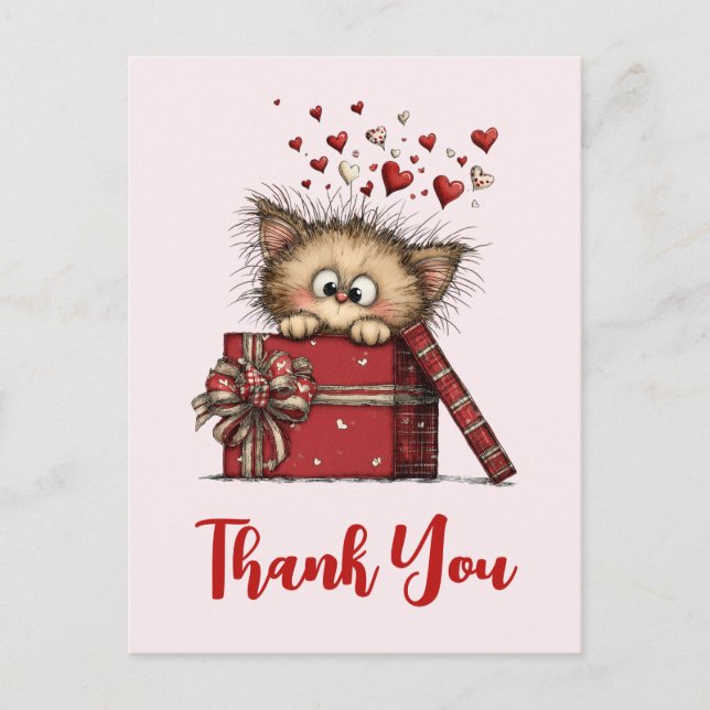 Postal Cute Cartoon Kitten in a Box with Hearts Thank You (Anverso)
