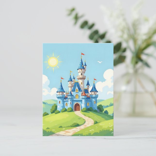 Postal Cute castillo azul y blanco (Anverso de pie)