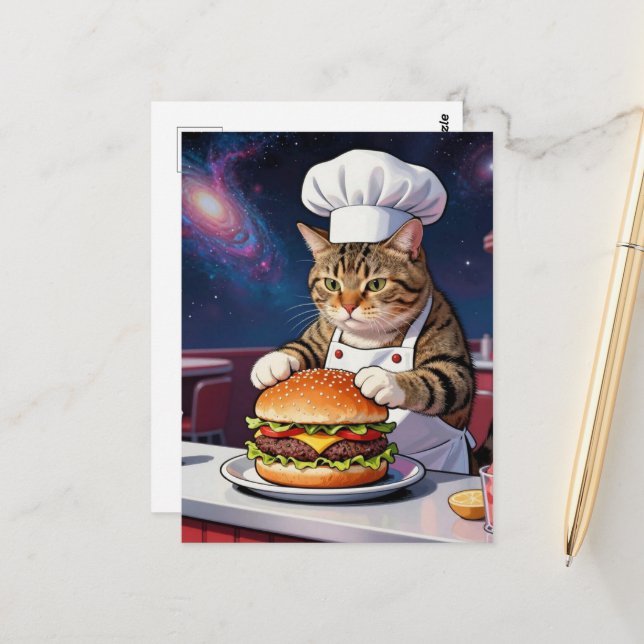 Postal Cute Cat Chef Making CheeseBurger in Space Diner (Anverso/Reverso In Situ)