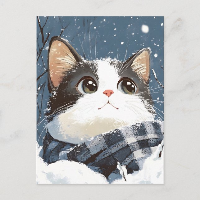 Postal Cute cat cozy winter snow (Anverso)