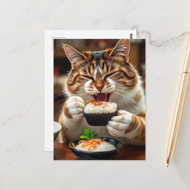 Postal Cute Cat Eating Sushi Roll (Anverso/Reverso In Situ)
