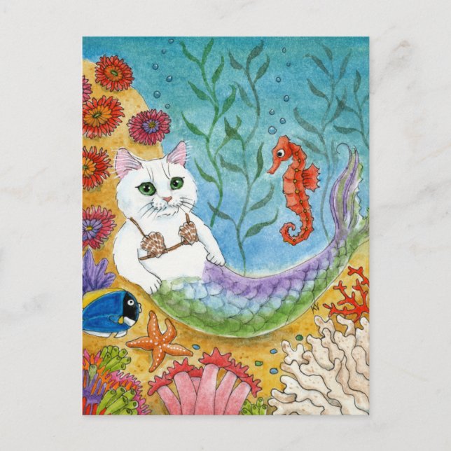 Postal Cute Cat Mermaid Seahorse Sea Glass Beach (Anverso)