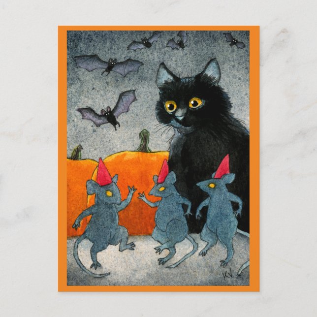 Postal Cute Cat Mouse Bat Halloween calabaza otoño (Anverso)