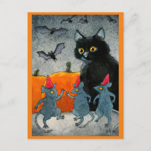 Postal Cute Cat Mouse Bat Halloween calabaza otoño