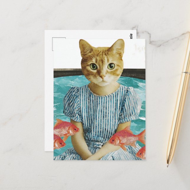 Postal Cute Cat With Goldfish Retro Collage (Anverso/Reverso In Situ)