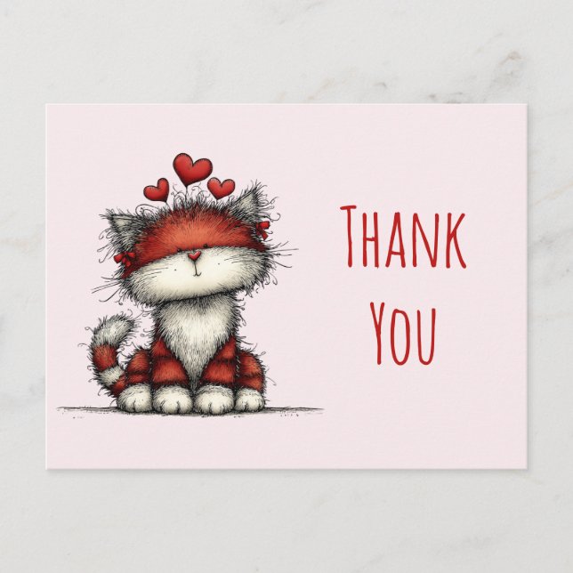 Postal Cute Cat with Red Love Hearts Thank You (Anverso)