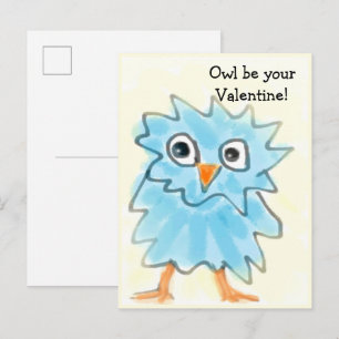 Postal Cute Childish Blue Watercolor Owl Valentines Day 