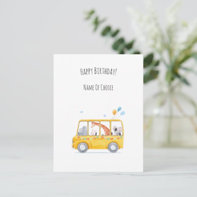 Postal Cute Children Bus Animals Balloons Birthday Card (Anverso de pie)