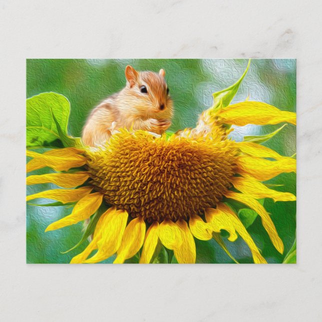 Postal Cute Chipmunk Yellow Sunflower Photo Pintura (Anverso)