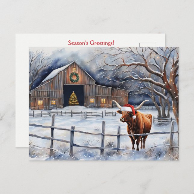 Postal Cute Christmas Holiday Cow and Barn Country (Anverso / Reverso)