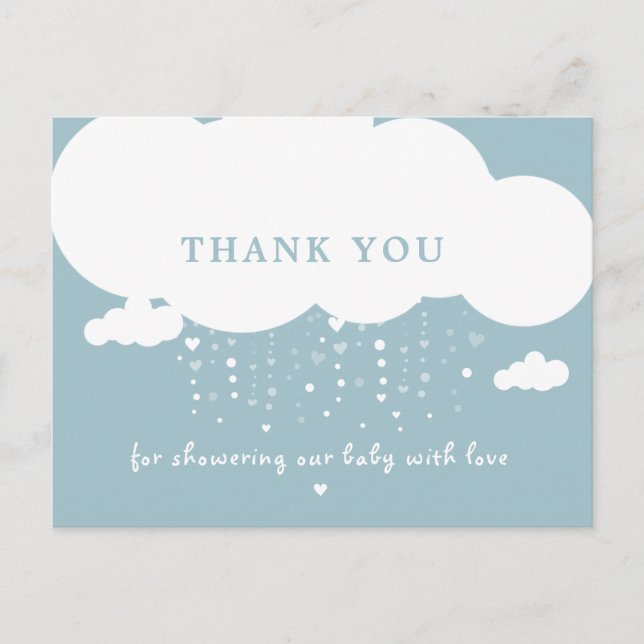 Postal Cute Cloud Rain Hearts Baby Shower Gracias (Anverso)