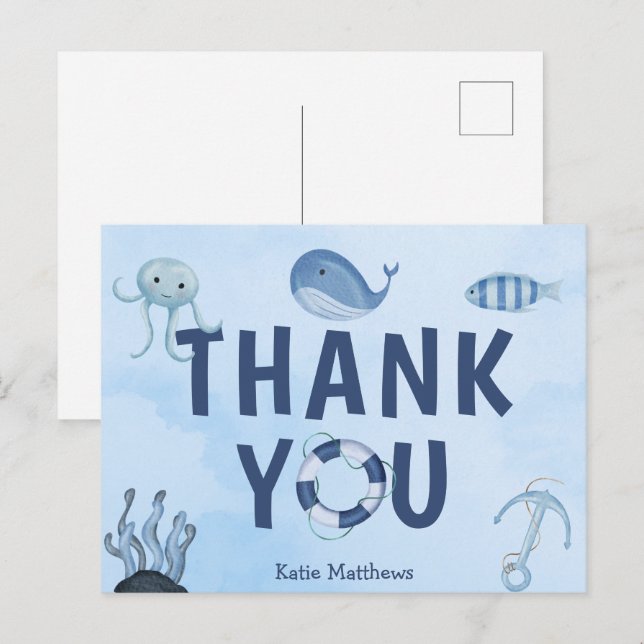 Postal Cute Coastal Baby Shower Ocean Animals Gracias (Anverso / Reverso)