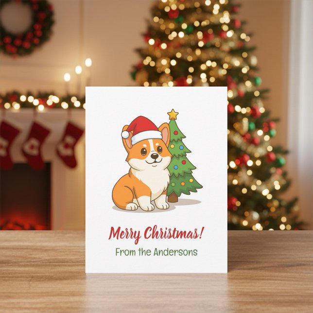 Postal Cute Corgi Dog in a Red Hat with Christmas Tree (Subido por el creador)