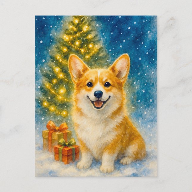 Postal Cute Corgi Merry Happy Christmas Tree Postcard (Anverso)