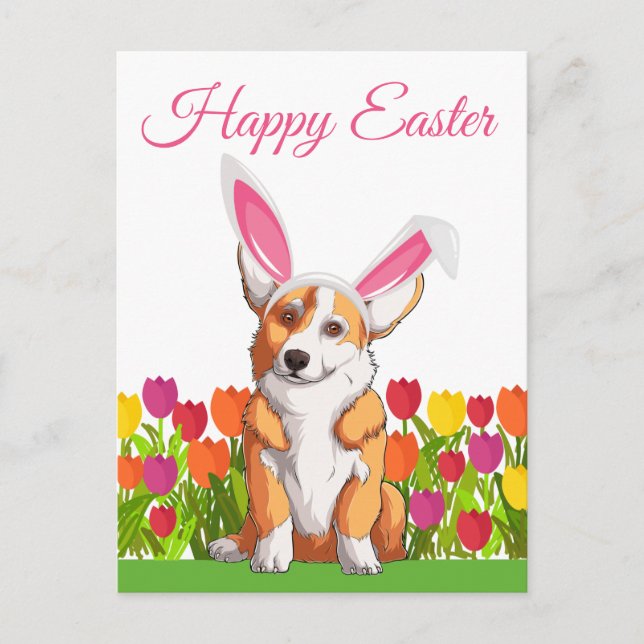 Postal Cute Corgi Semana Santa Bunny Ears Tulip Flowers (Anverso)