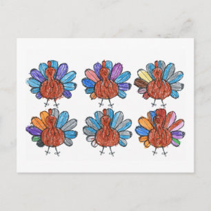 Postal Cute Crayon Turkeys Niños Postcard