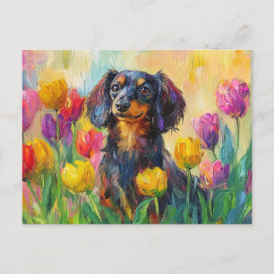 Postal Cute Dachshund Colorful Tulips Pintura