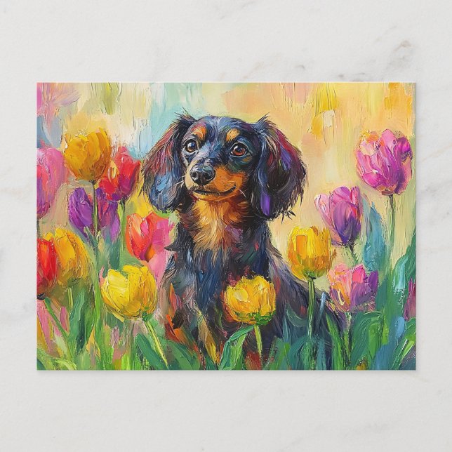 Postal Cute Dachshund Colorful Tulips Pintura (Anverso)
