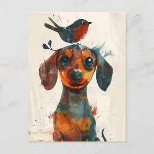 Postal Cute Dachshund con la mano de un pájaro pintado