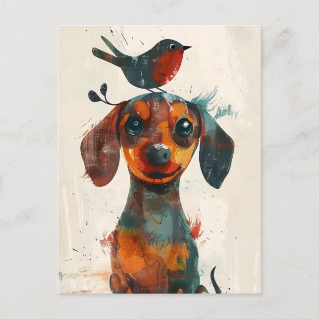 Postal Cute Dachshund con la mano de un pájaro pintado (Anverso)