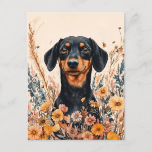 Postal Cute Dachshund con pintura de flores silvestres