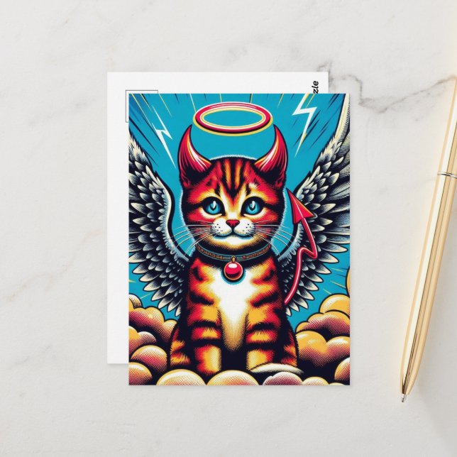 Postal Cute Devil Angel Kitty Comic (Anverso/Reverso In Situ)