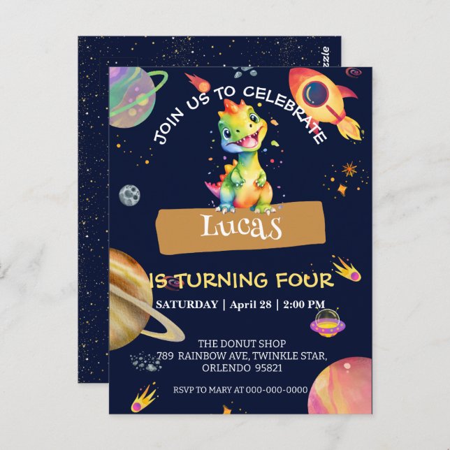 Postal Cute Dinosaur arcoíris Galaxia espacio fiesta de c (Anverso / Reverso)